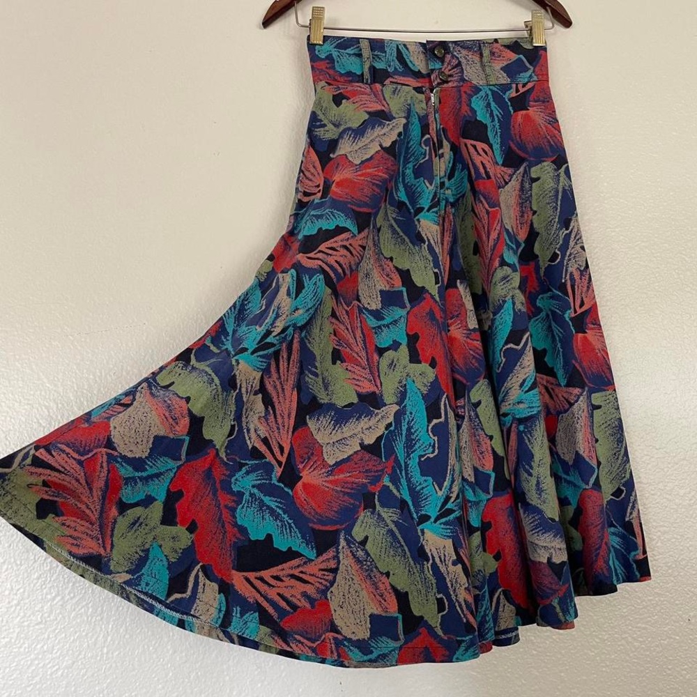 Vintage 1950s Handmade Colorful Leaf Print Women's Skirt